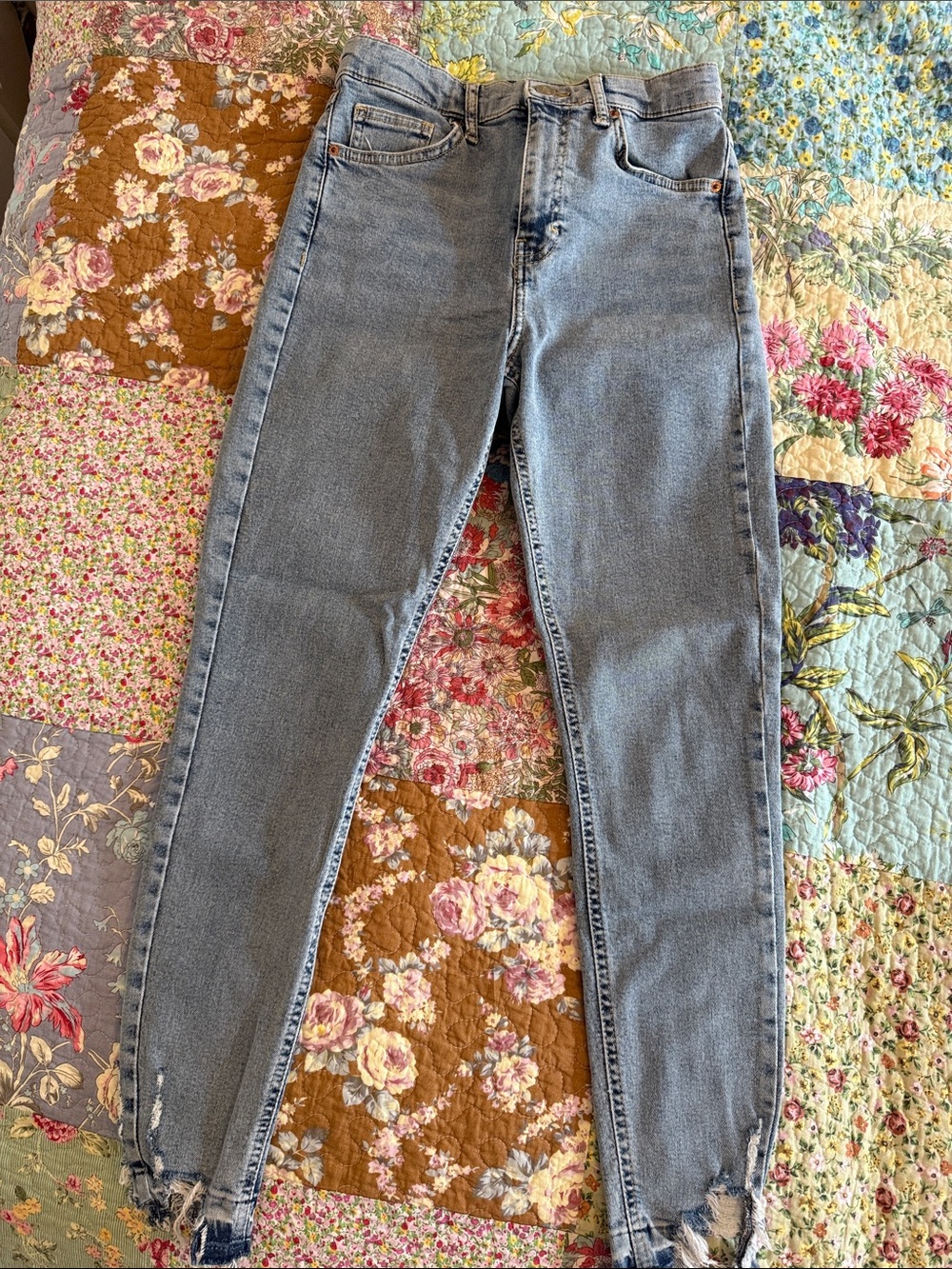 Topshop Light Blue Destroyed Hem High-Waist Skinny Jeans